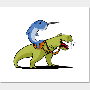 Narwhal Riding T-Rex Dinosaur Posters and Art